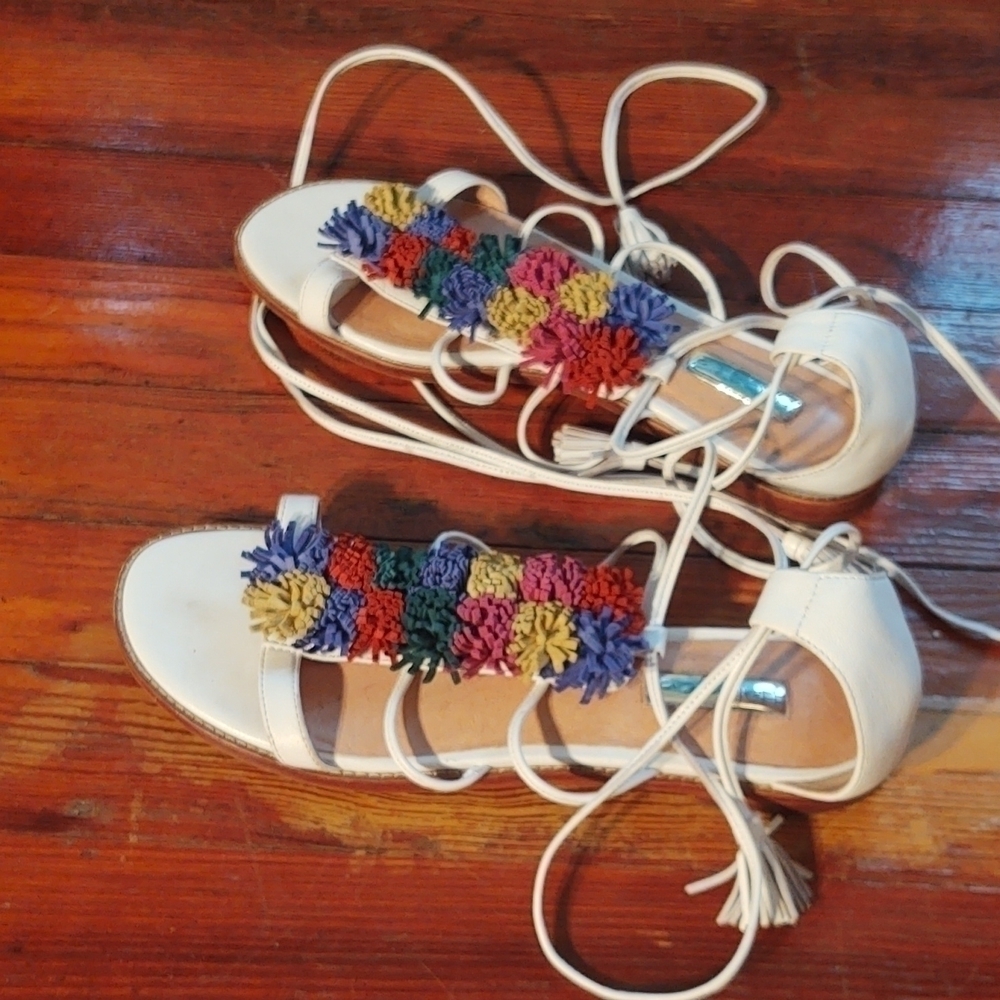 Halogen Lace Up Strappy Rainbow Pom-Poms Sandals Sz 8.5 - Picture 7 of 9
